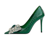 Rhinestone Silk Bow Detailed Court Heels EU 33 / Green / 10CM