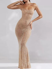 Rhinestone Spaghetti Strap Maxi Dress Beige / S
