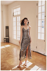 Rhinestone Strap Open Back Sequin Evening Dress M / Silver / Strappy