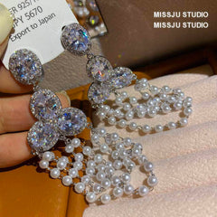 Rhinestone Tiered Pearl Chandelier Earrings White