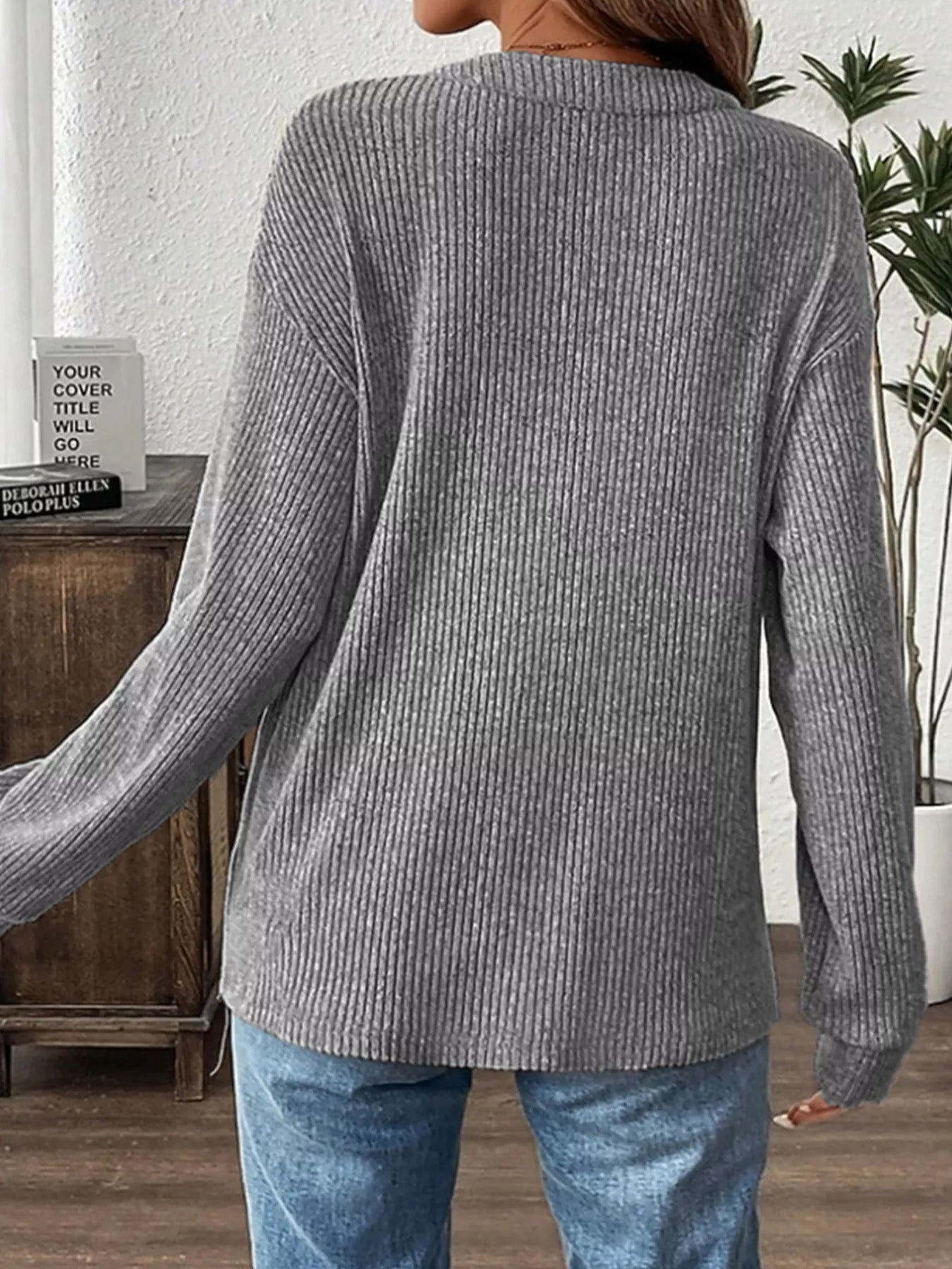 Ribbed Button Detail Long Sleeve T-Shirt