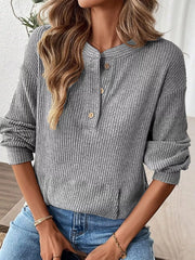 Ribbed Button Detail Long Sleeve T-Shirt Gray / S