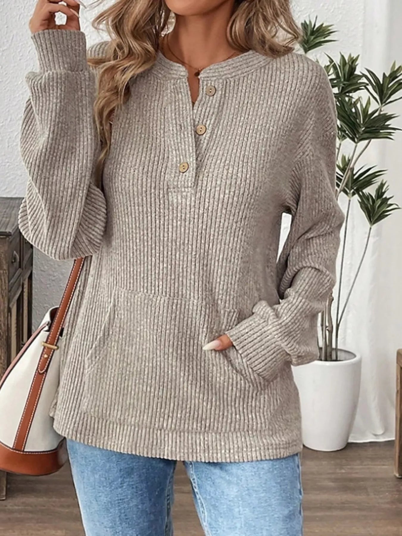 Ribbed Button Detail Long Sleeve T-Shirt Khaki / S