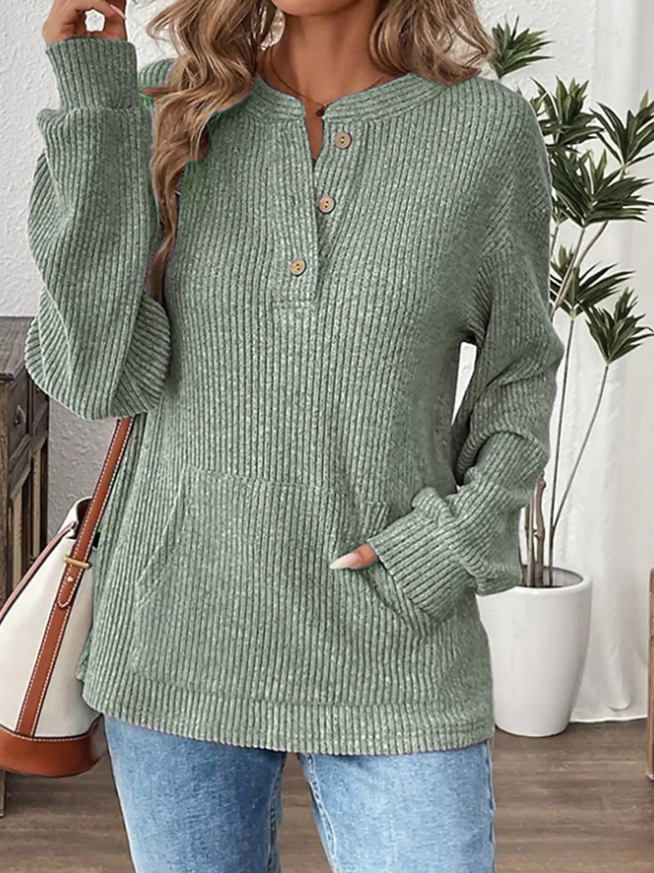 Ribbed Button Detail Long Sleeve T-Shirt Light Green / S
