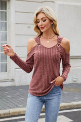 Ribbed Cold Shoulder Long Sleeve Top Rust / S
