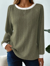 Ribbed Contrast Cuffed Round Neck Long Sleeve T Shirt Moss / S
