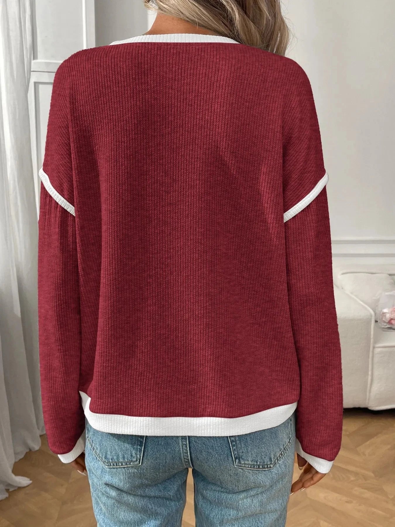 Ribbed Contrast Trim Long Sleeve Top
