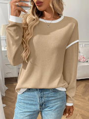 Ribbed Contrast Trim Long Sleeve Top