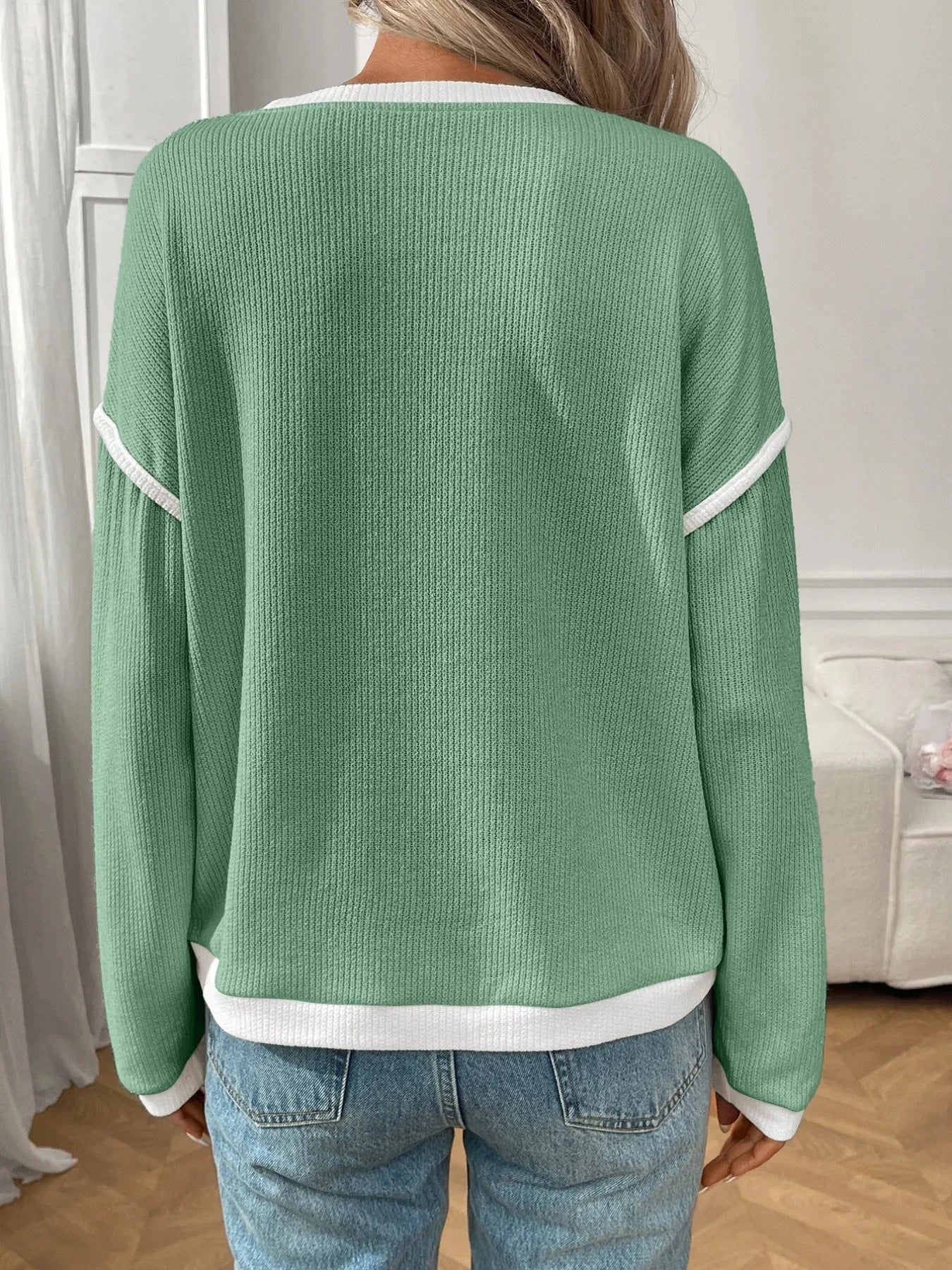 Ribbed Contrast Trim Long Sleeve Top