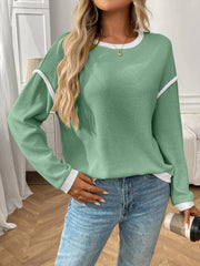 Ribbed Contrast Trim Long Sleeve Top