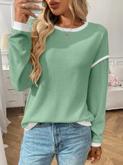 Ribbed Contrast Trim Long Sleeve Top