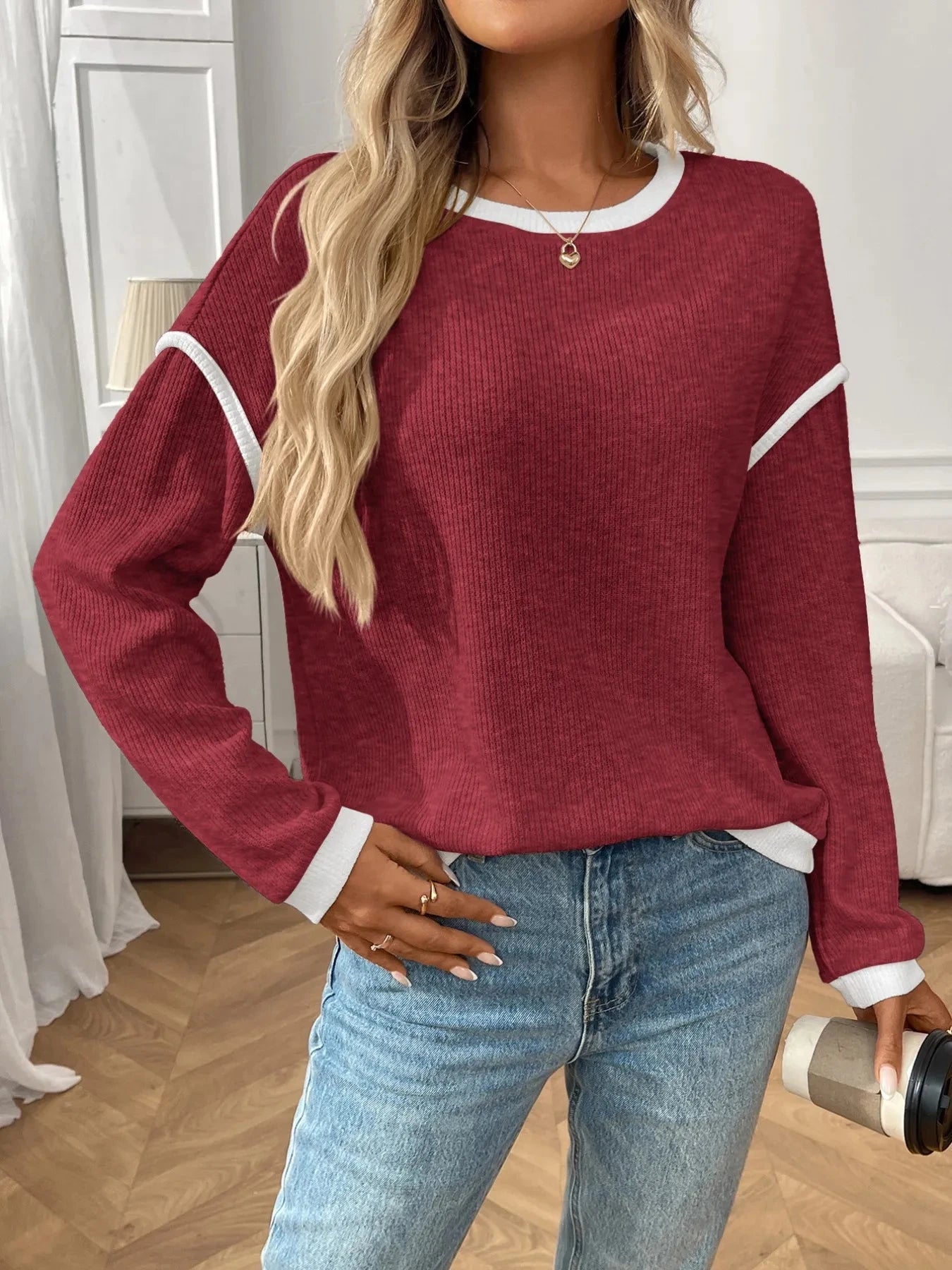 Ribbed Contrast Trim Long Sleeve Top