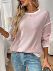 Ribbed Contrast Trim Long Sleeve Top
