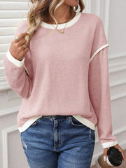 Ribbed Contrast Trim Long Sleeve Top