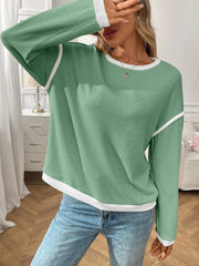 Ribbed Contrast Trim Long Sleeve Top Gum Leaf / S