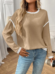 Ribbed Contrast Trim Long Sleeve Top Tan / S