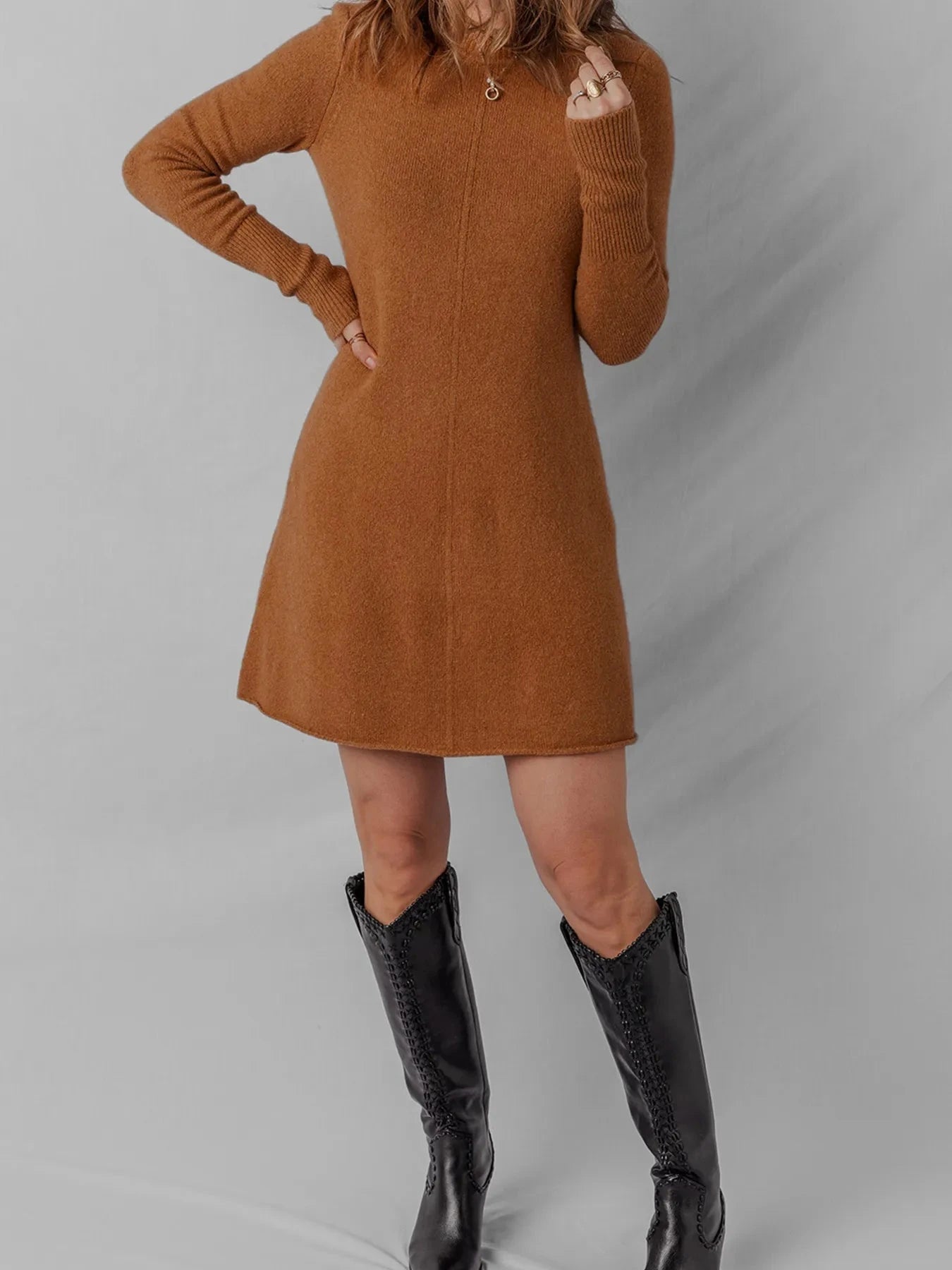 Ribbed Detail Solid Color Mini Sweater Dress