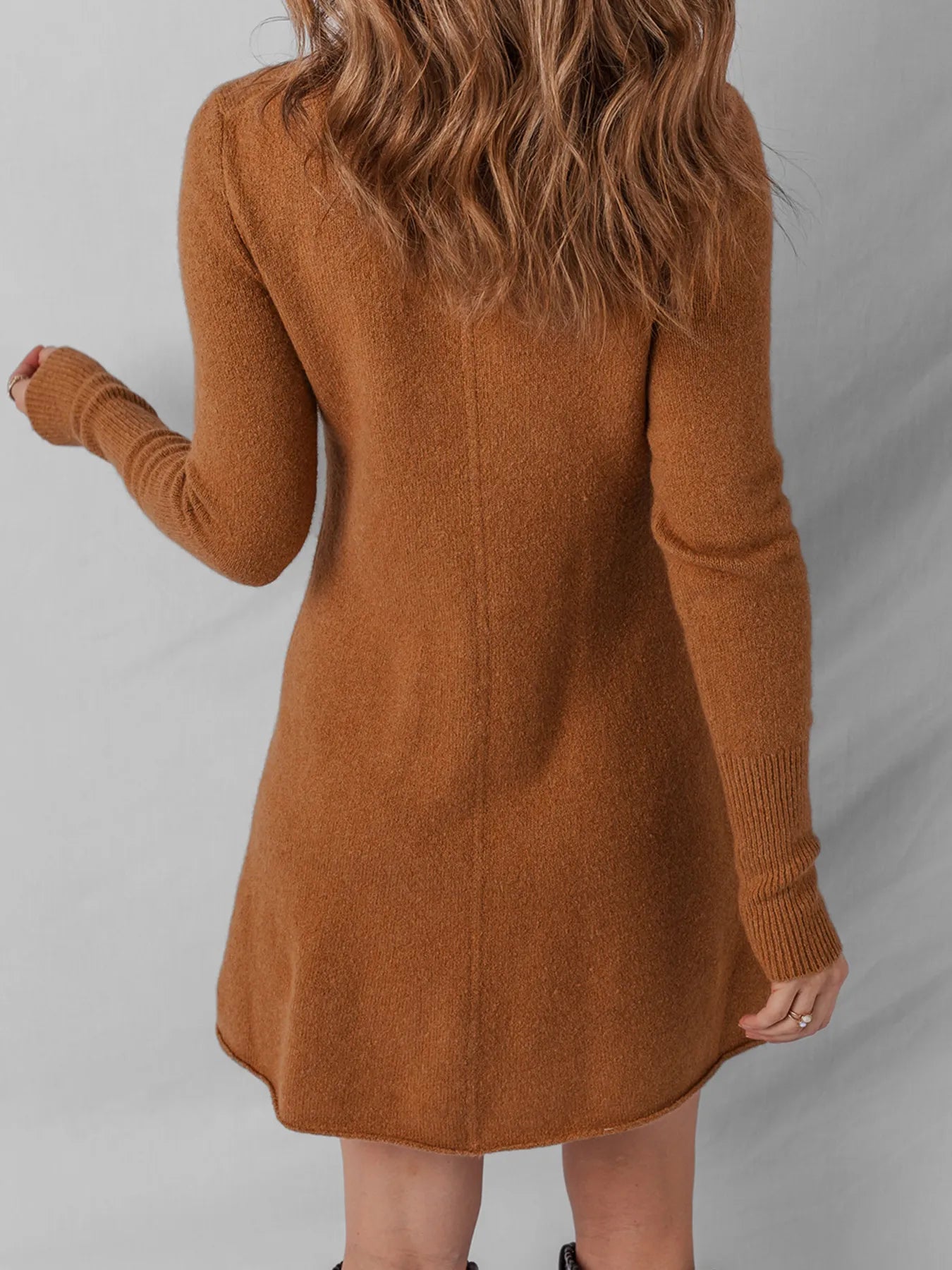 Ribbed Detail Solid Color Mini Sweater Dress