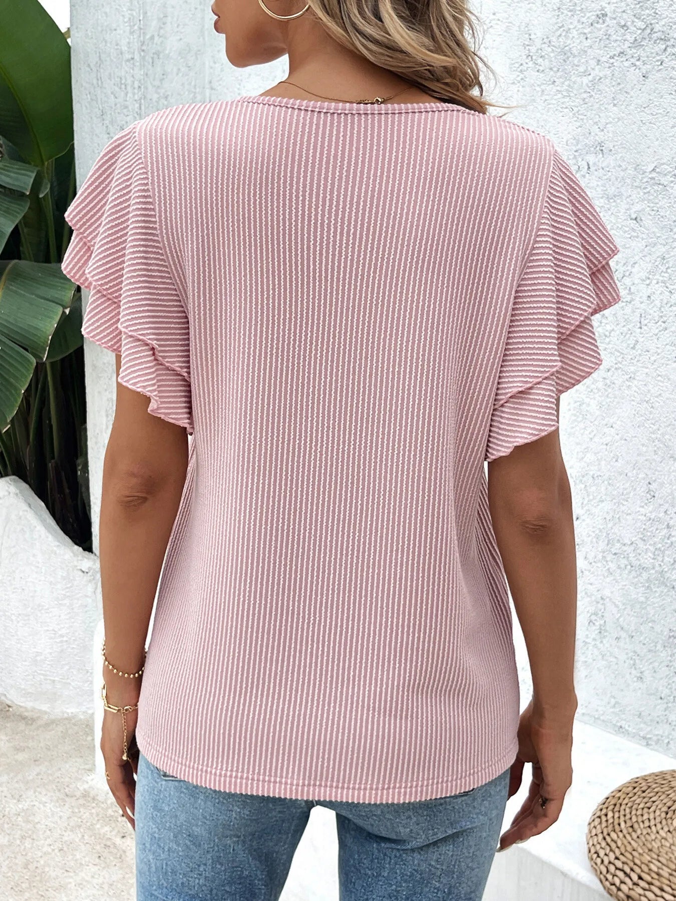Ribbed Flutter Sleeve T-Shirt