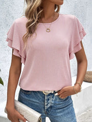 Ribbed Flutter Sleeve T-Shirt Dusty Pink / XS