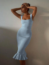Ribbed Knit Bodycon Mermaid Dress with Ruffle Hem Light Blue / XS