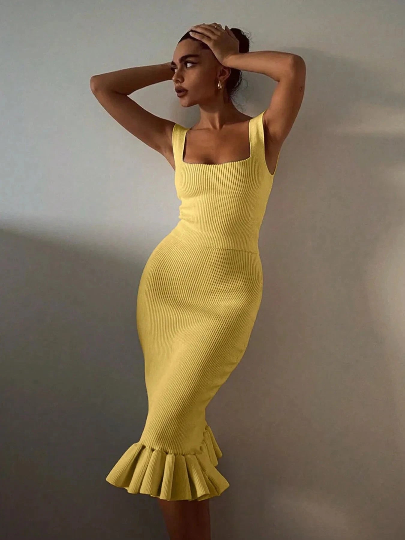 Ribbed Knit Bodycon Mermaid Dress with Ruffle Hem Yellow / XS