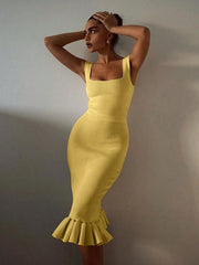 Ribbed Knit Bodycon Mermaid Dress with Ruffle Hem Yellow / XS