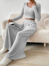 Ribbed Knit Crop Top and Wide Leg Pants Set Light Gray / S