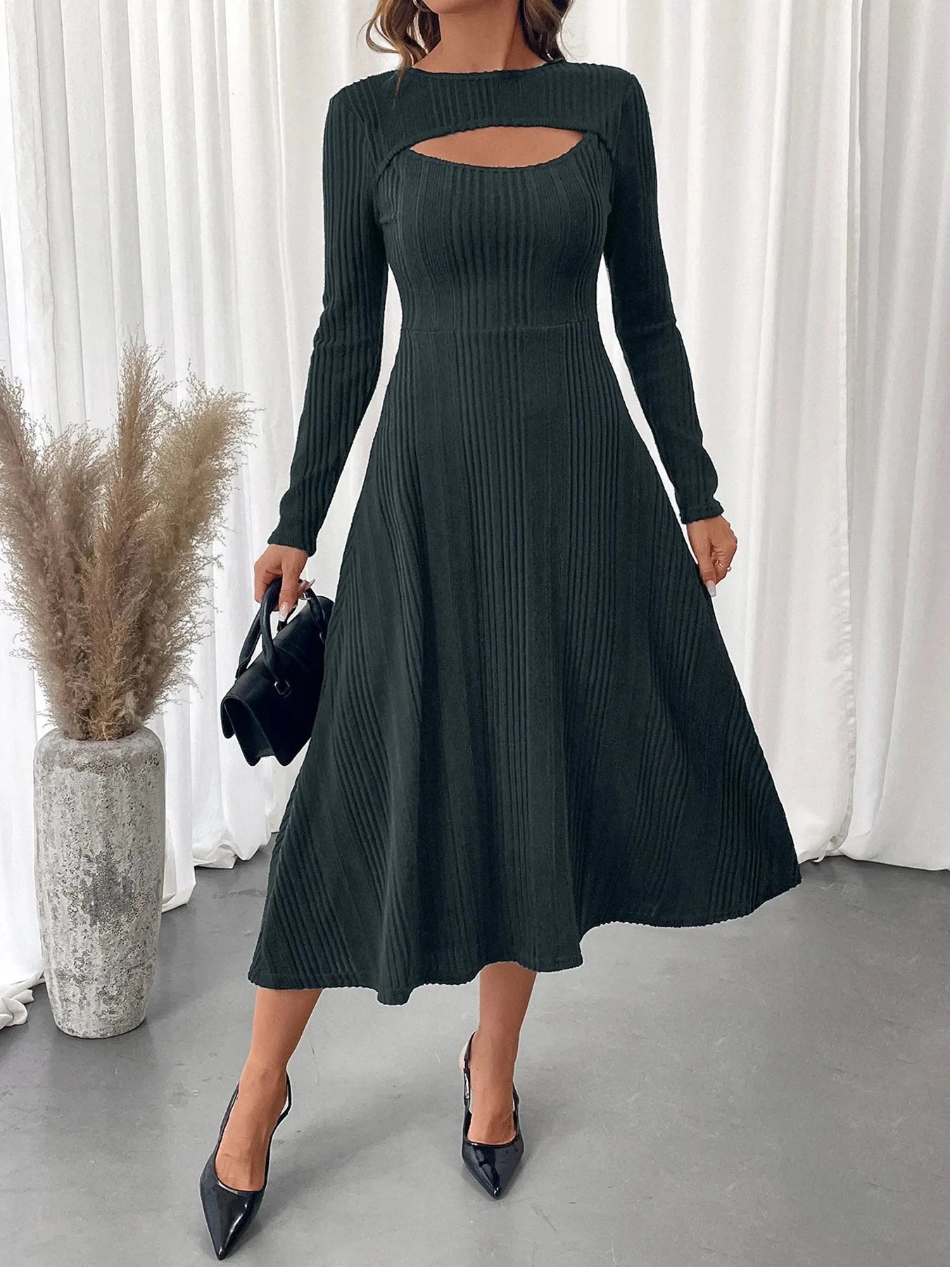 Ribbed Knit Cutout Long Sleeve Midi Dress