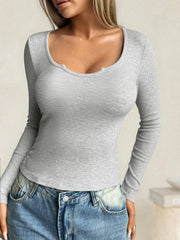 Ribbed Knit Long Sleeve T-Shirt Gray / S