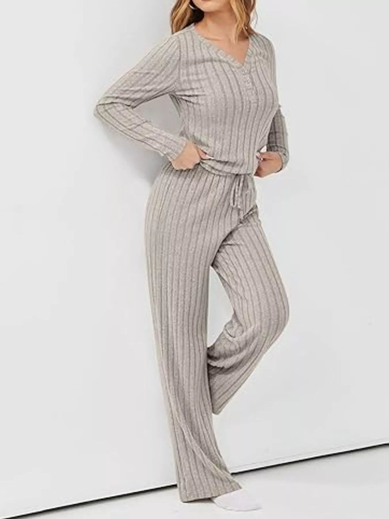 Ribbed Knit Long Sleeve Top and Pants Set