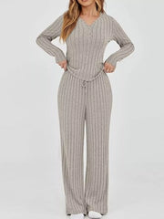 Ribbed Knit Long Sleeve Top and Pants Set
