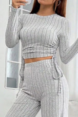 Ribbed Knit Long Sleeve Top & Wide Leg Pants Set
