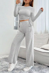 Ribbed Knit Long Sleeve Top & Wide Leg Pants Set Light Gray / S