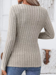 Ribbed Knit Notched Long Sleeve Top
