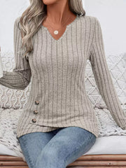 Ribbed Knit Notched Long Sleeve Top