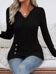 Ribbed Knit Notched Long Sleeve Top