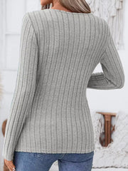 Ribbed Knit Notched Long Sleeve Top
