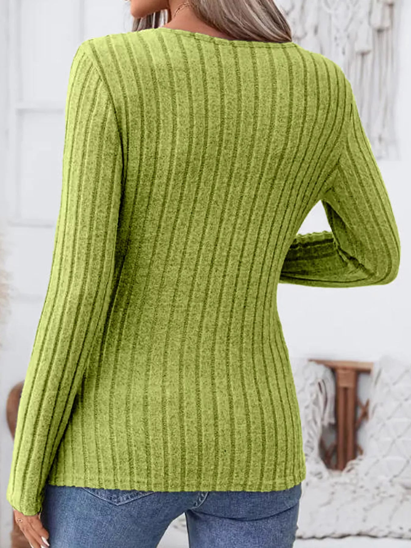 Ribbed Knit Notched Long Sleeve Top