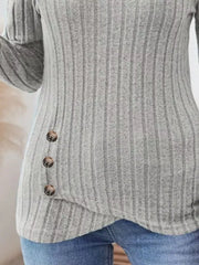 Ribbed Knit Notched Long Sleeve Top