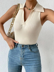 Ribbed Knit Sleeveless Polo Collar Tank Top