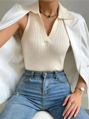 Ribbed Knit Sleeveless Polo Collar Tank Top