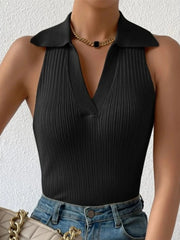 Ribbed Knit Sleeveless Polo Collar Tank Top