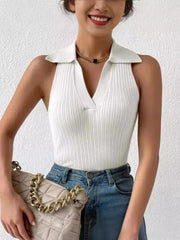 Ribbed Knit Sleeveless Polo Collar Tank Top