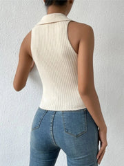 Ribbed Knit Sleeveless Polo Collar Tank Top