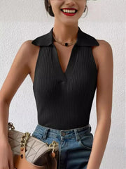 Ribbed Knit Sleeveless Polo Collar Tank Top Black / S