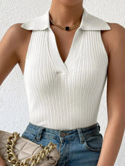 Ribbed Knit Sleeveless Polo Collar Tank Top White / S