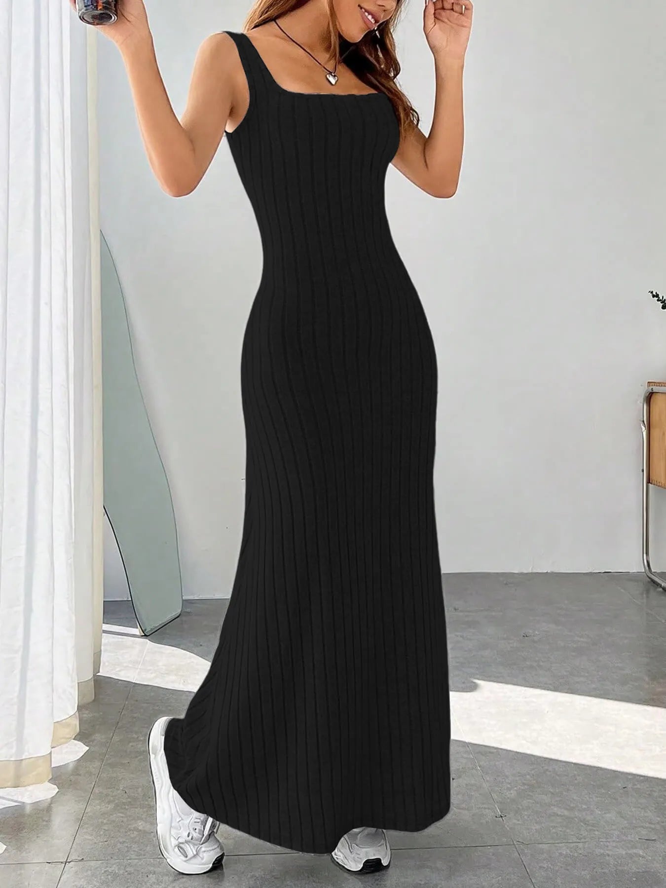 Ribbed Knit Square Neck Sleeveless Maxi Dress