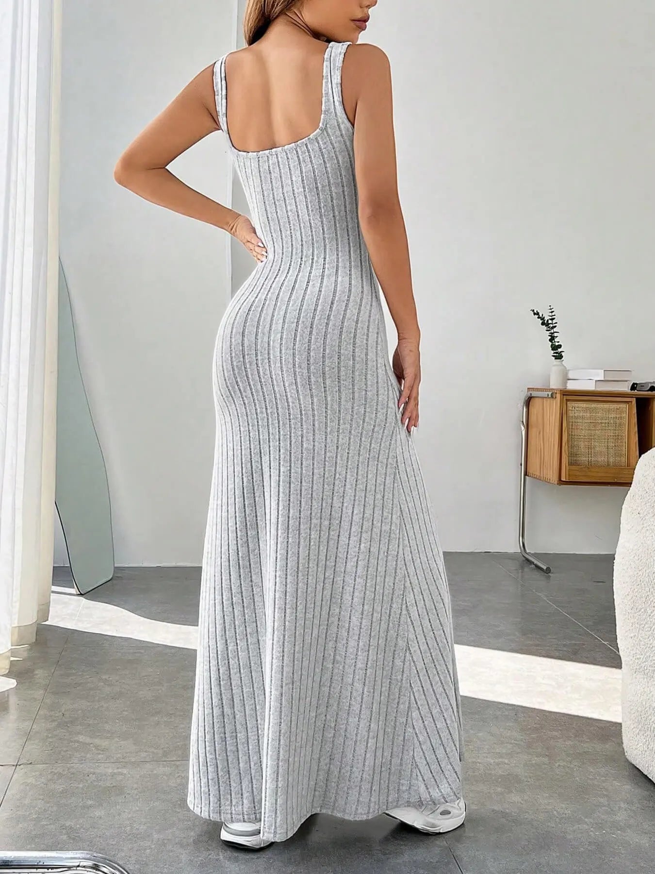 Ribbed Knit Square Neck Sleeveless Maxi Dress