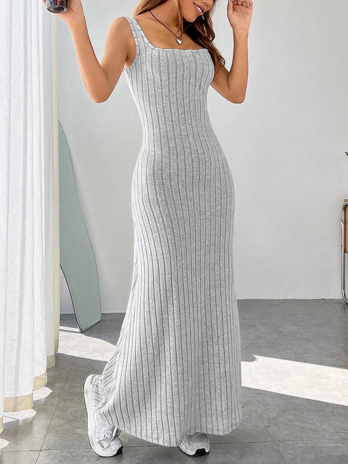 Ribbed Knit Square Neck Sleeveless Maxi Dress